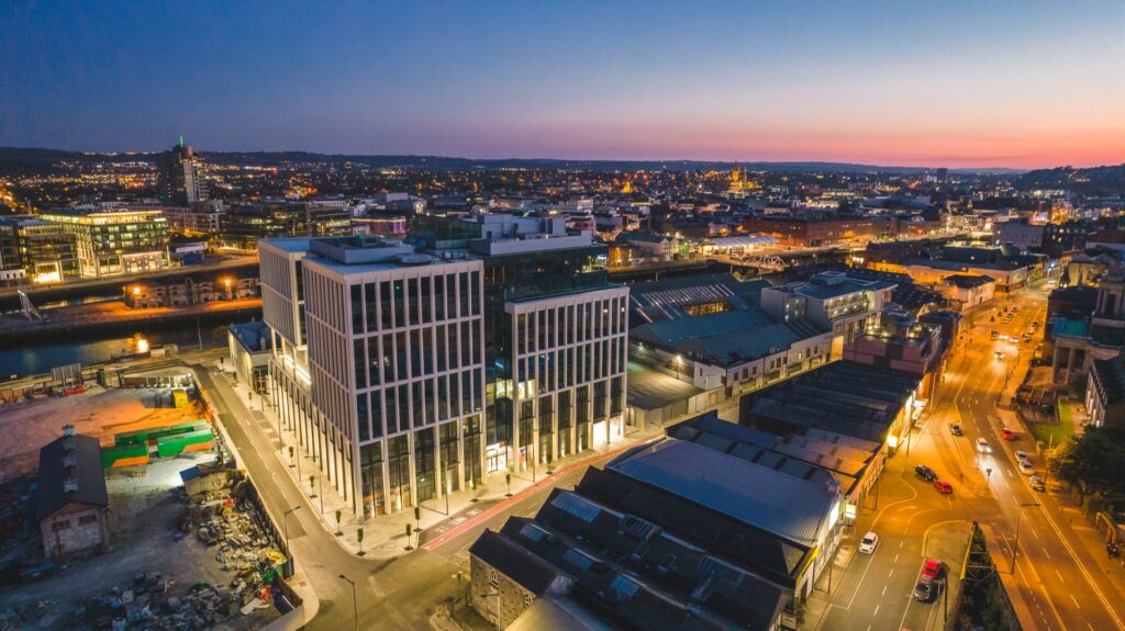 Aerial image of building at dusk